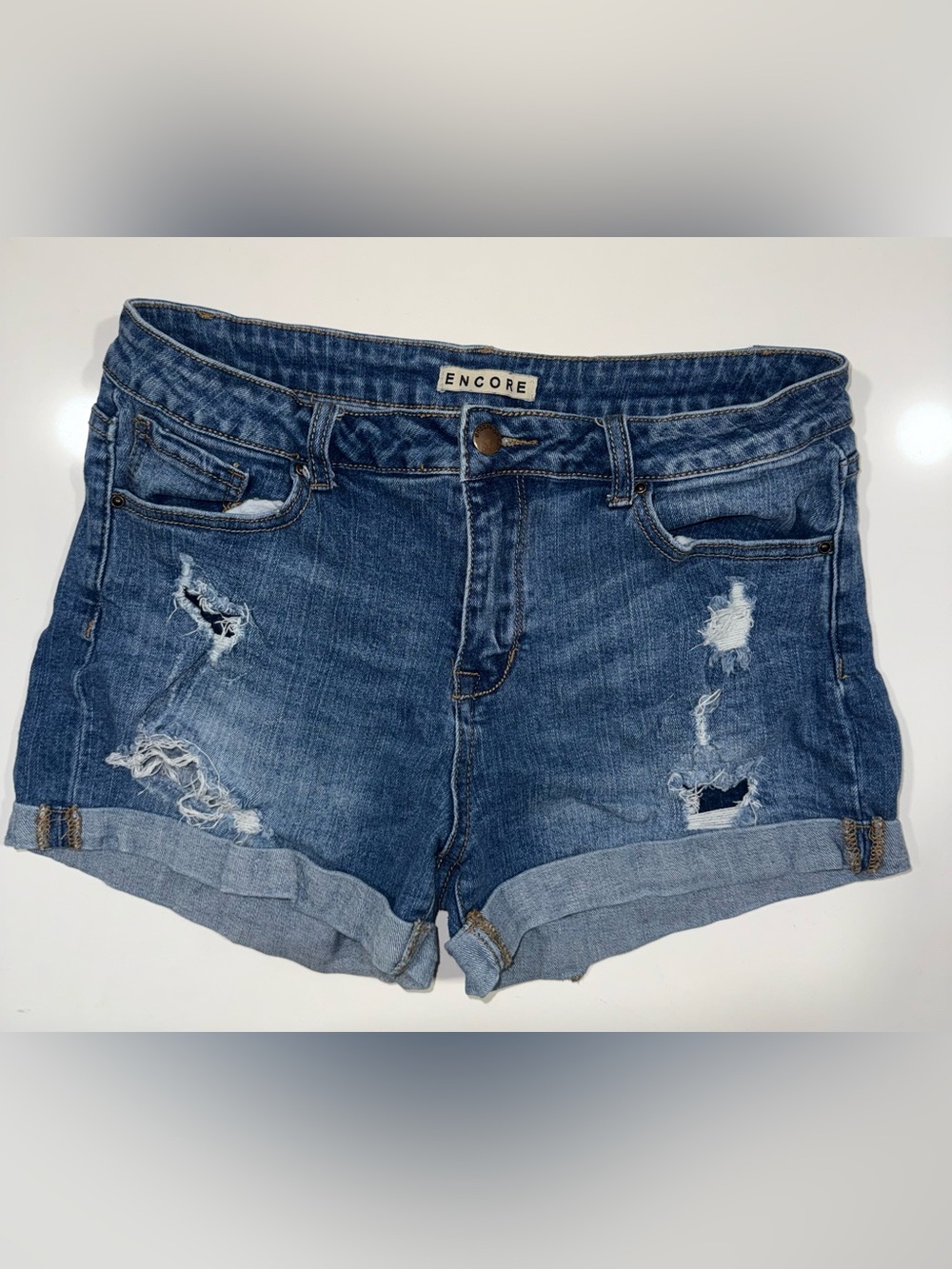 Encore Jeans Distressed Blue Rolled-Hem Jean Shorts